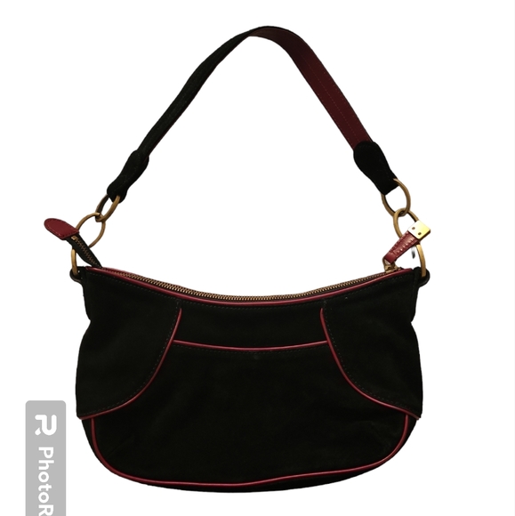 Maxx New York Small Retro Black with dark red trim leather shoulder bag. - Picture 1 of 13